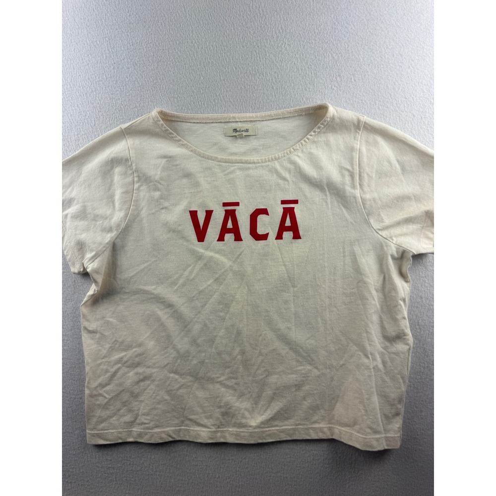 Madewell Womens VACA Graphic T-Shirt Cream Red Short Sleeve Cotton Size S